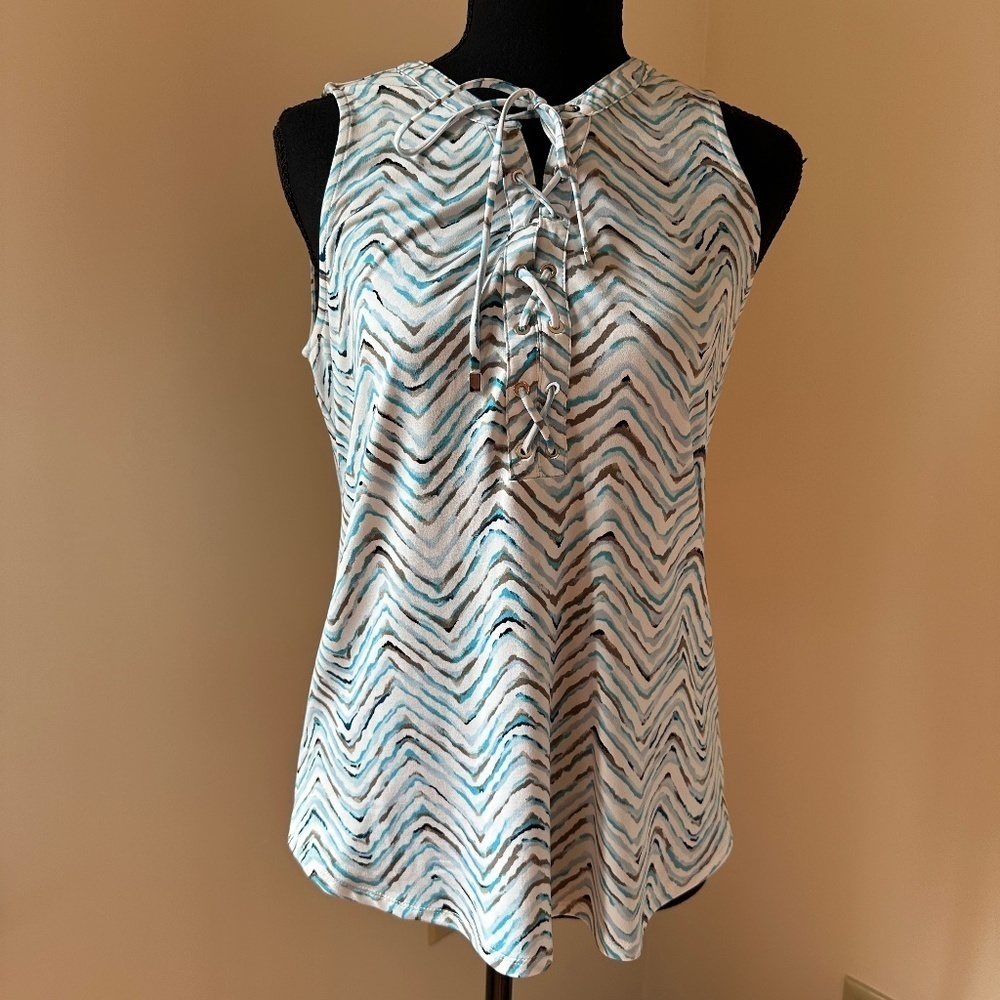 *WHBM* Blue x White Lace-Front Sleeveless Top Size Small